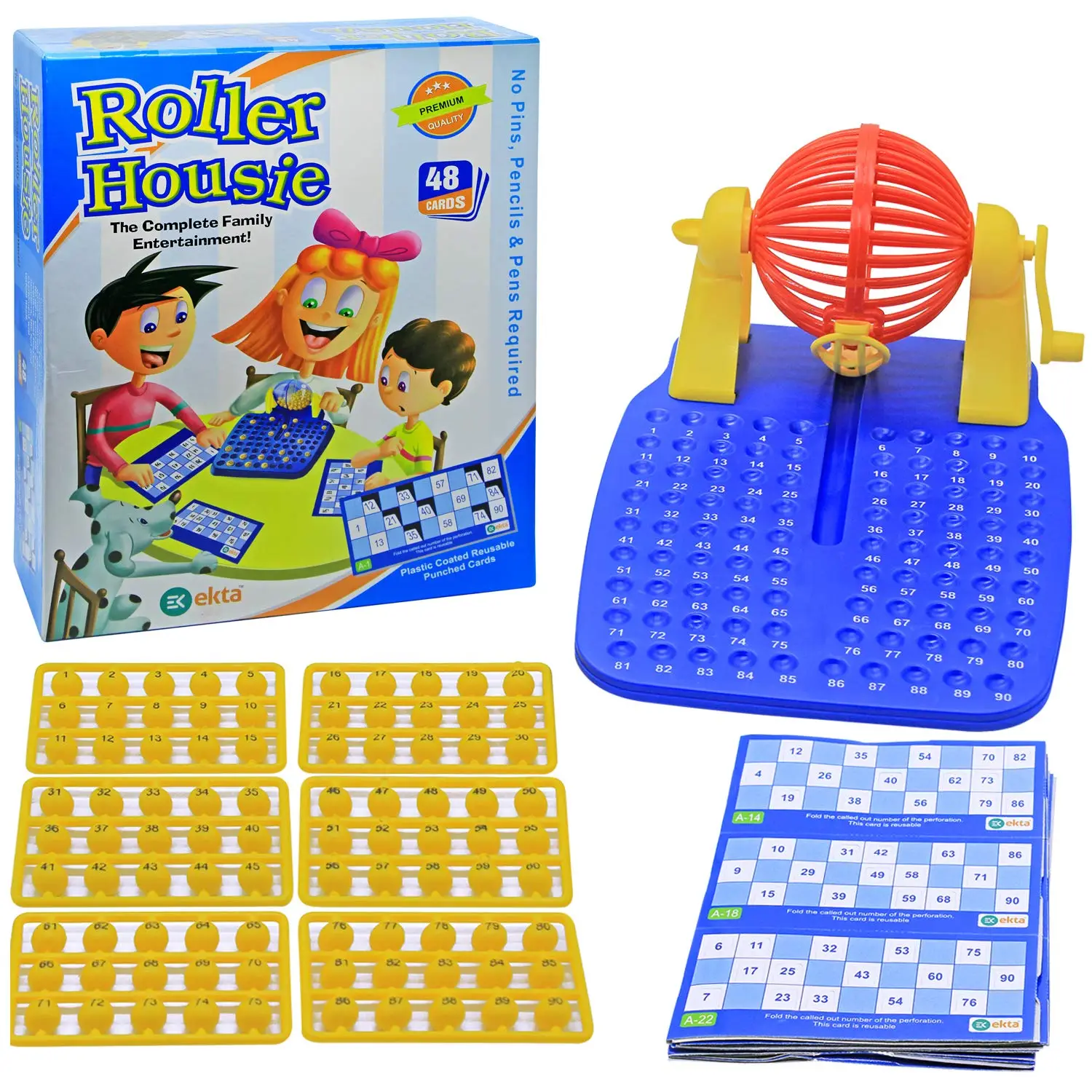 EKTA Roller Housie Game Set with 48 Reusable Cards, 90 Numbered Balls, 1 Automatic Ball Dispenser Machine (Family/Kids Board Game) - Image 2