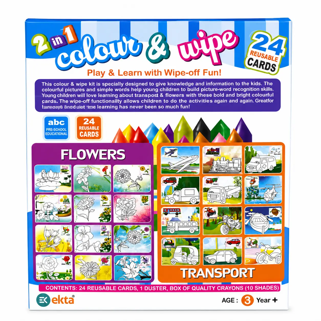 Ekta 2 in 1 Colour & Wipe (Flowers + Transport) Multicolor - Image 2