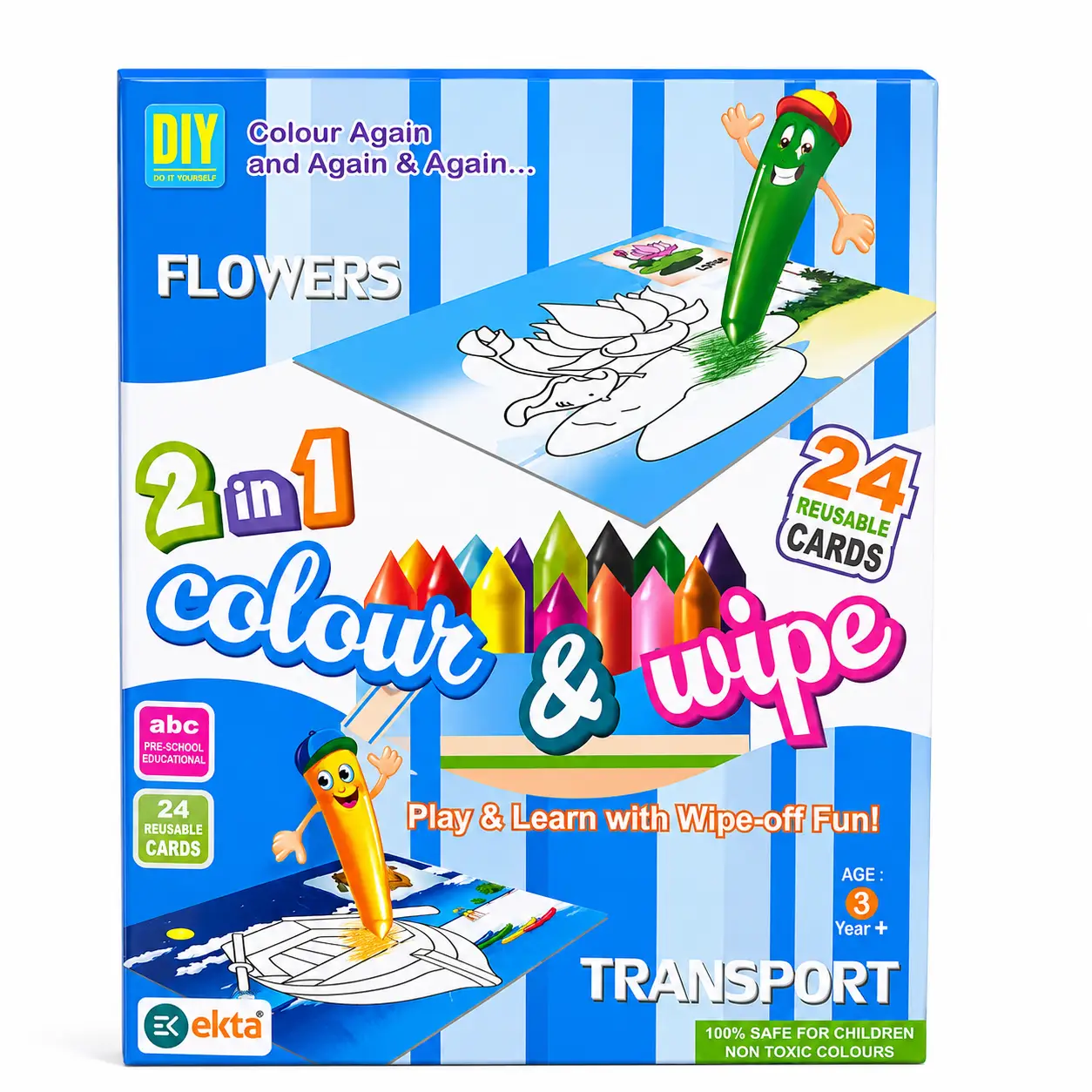 Ekta 2 in 1 Colour & Wipe (Flowers + Transport) Multicolor