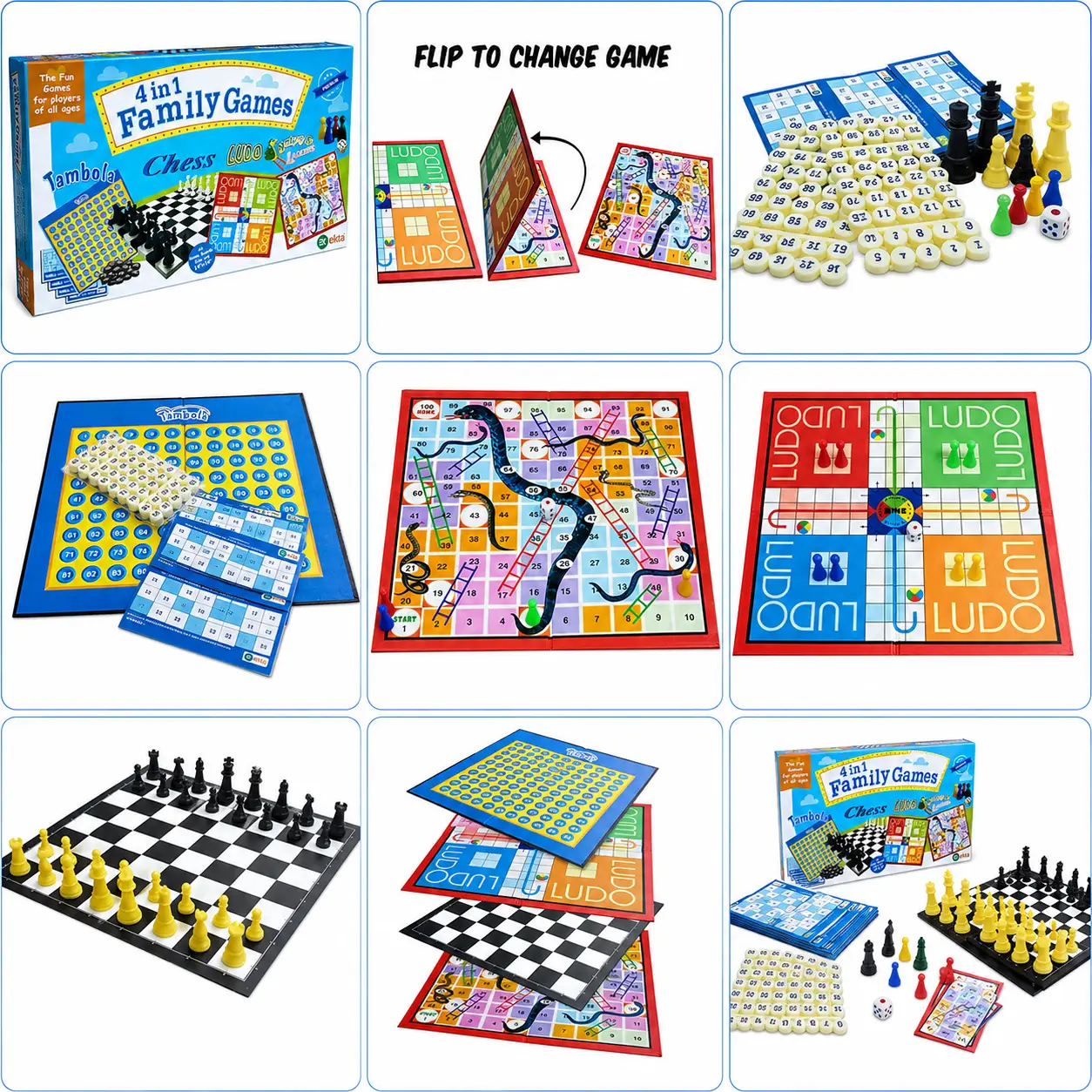 Ekta 4 in 1 Family Strategy Board Games | Tambola, Chess, Ludo and Snakes & Ladders Educational Family Games | Fun & Strategy Games Multicolor for 6+ Years or Above - Image 2