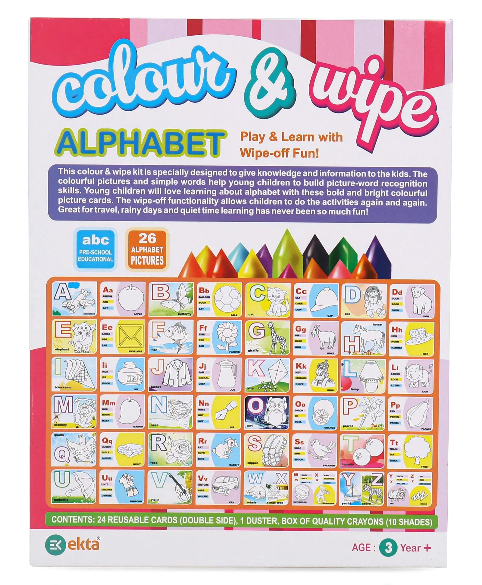 Ekta Color & Wipe Alphabet Reusable Cards Coloring Kit 24 Pieces for 3+ years - Pink - Image 3