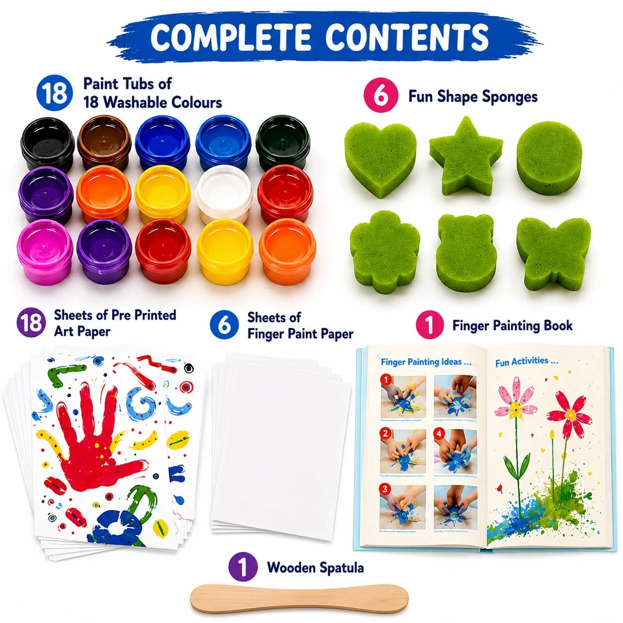 Finger Paint Kit for Kids, 18 Washable Finger Paint Colours with 6 Fun Shape Sponges For 5+ Years - Image 5