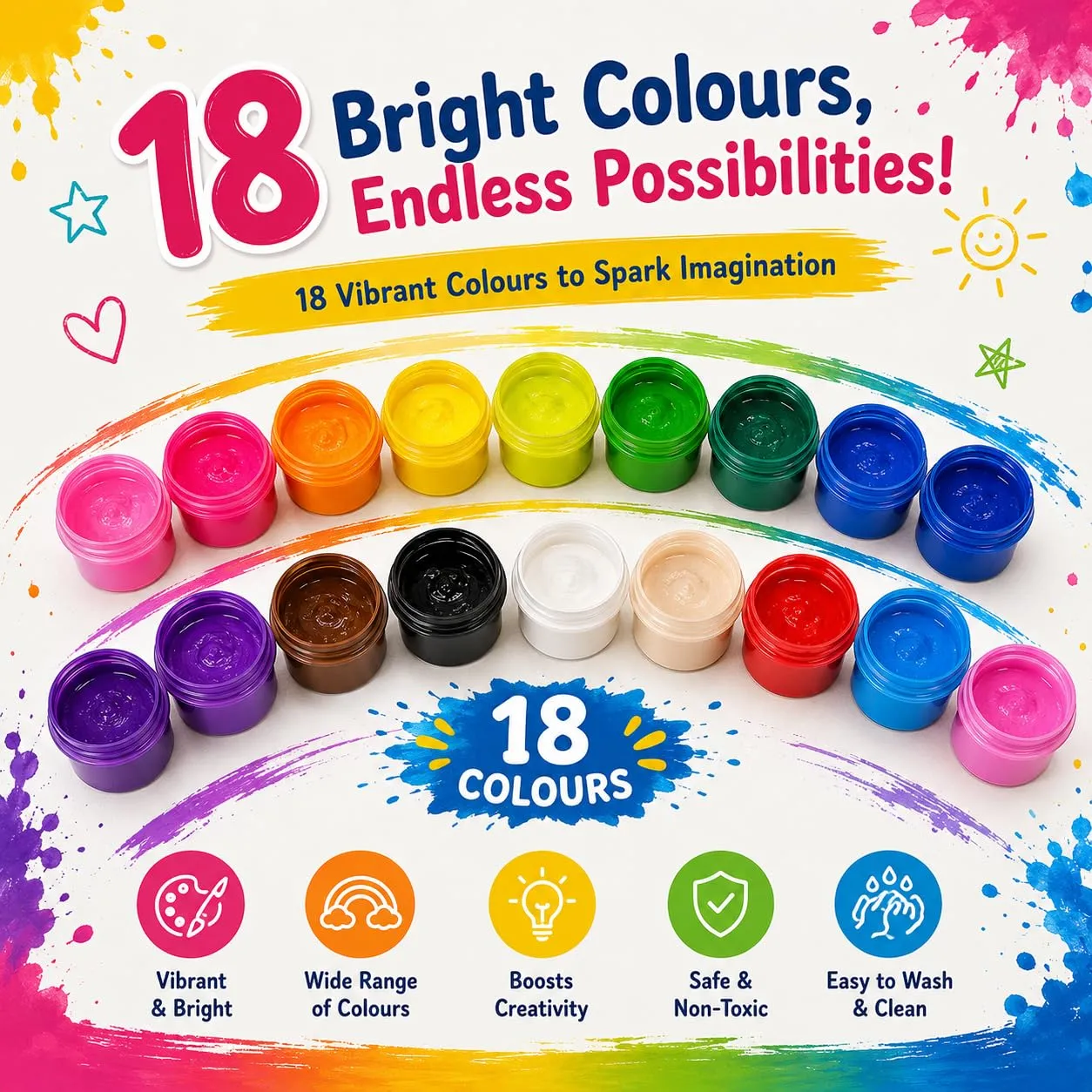 Finger Paint Kit for Kids, 18 Washable Finger Paint Colours with 6 Fun Shape Sponges For 5+ Years - Image 3