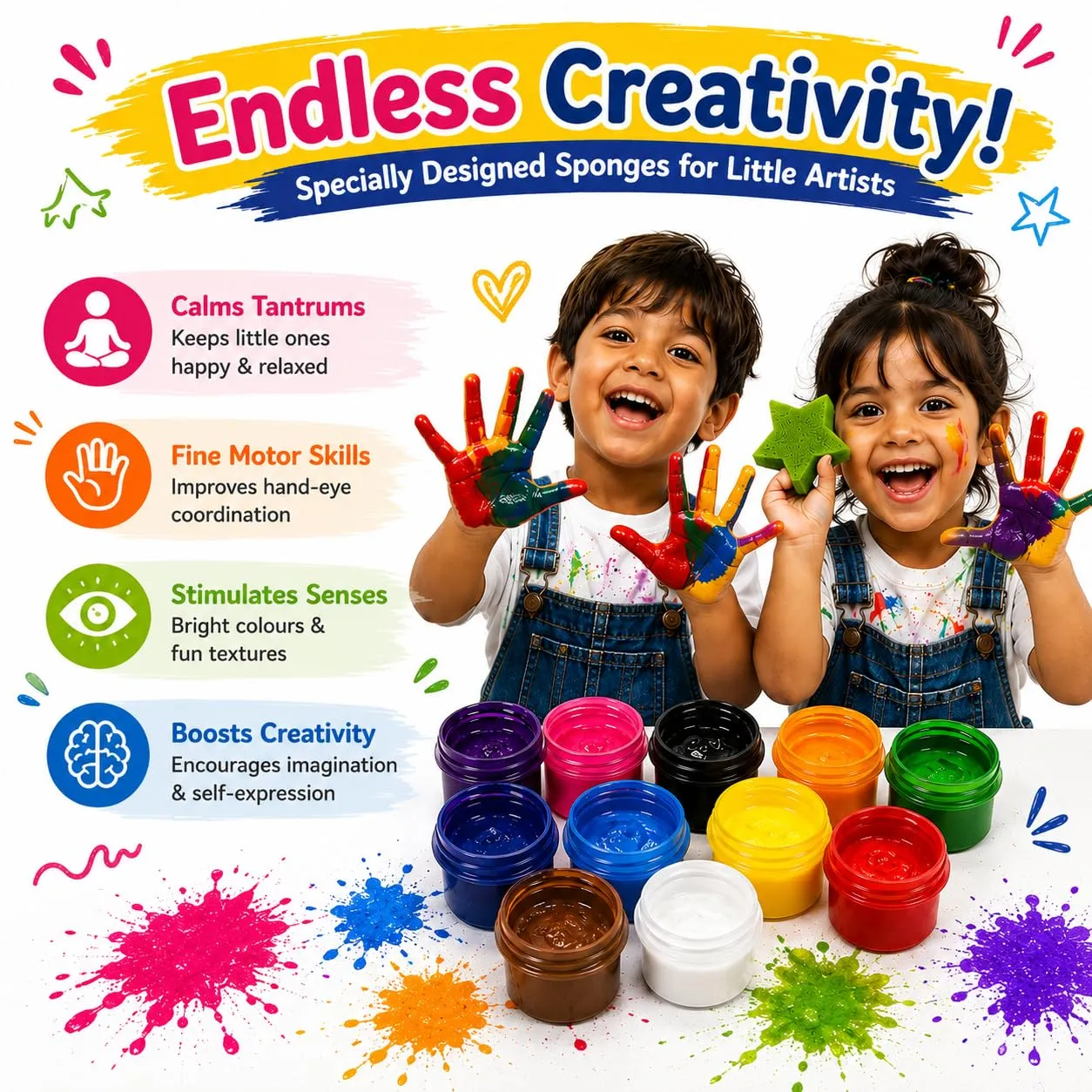 Finger Paint Kit for Kids, 18 Washable Finger Paint Colours with 6 Fun Shape Sponges For 5+ Years - Image 6