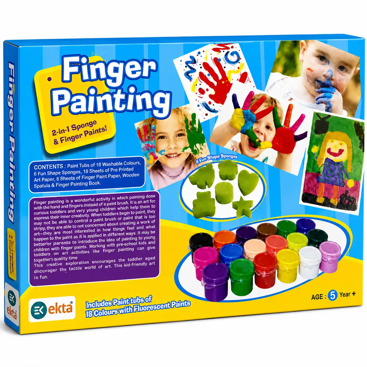 Finger Paint Kit for Kids, 18 Washable Finger Paint Colours with 6 Fun Shape Sponges For 5+ Years - Image 2