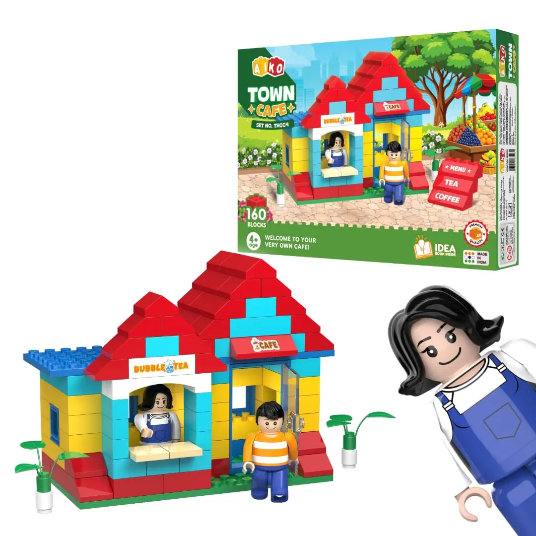 AIKO Town Cafe | 160 Premium ABS Plastic Building Blocks (including 2 cute figurines) | Set No. 004 | Multi-Colour Construction Toy, 4Y+