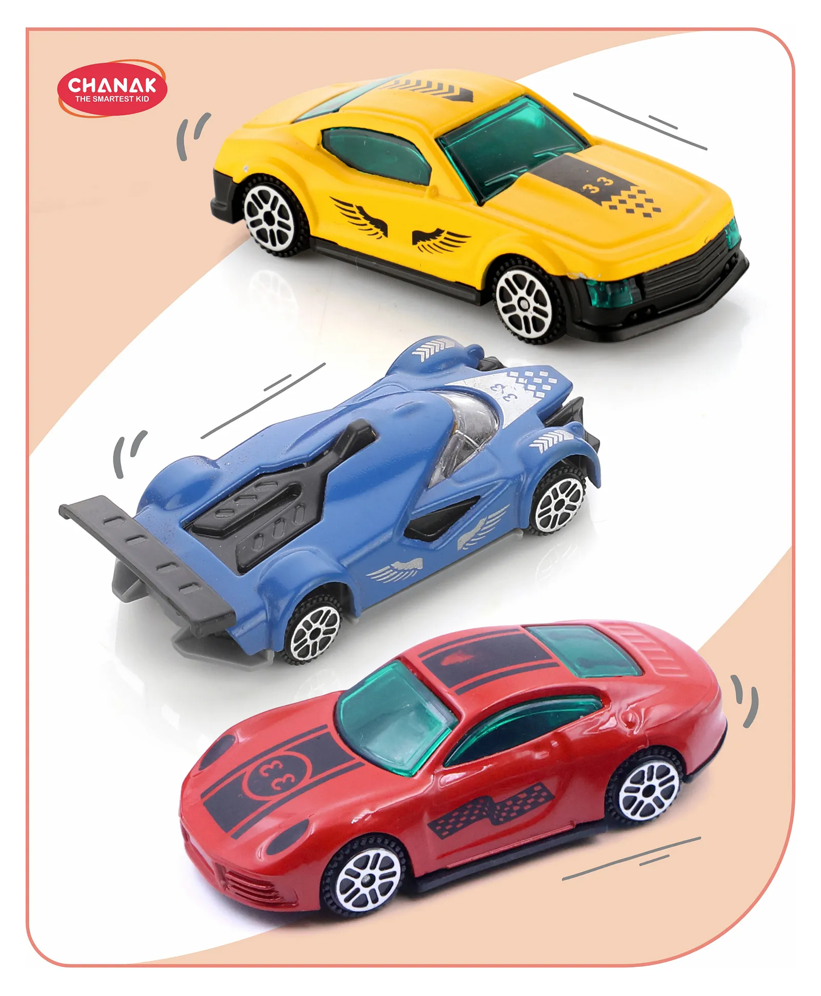 Chanak Die Cast Metal Racing Car Free Wheel Metal Car Set Street Racer Car For Kids 3 Cars - (Assorted Colors) | 3Y+