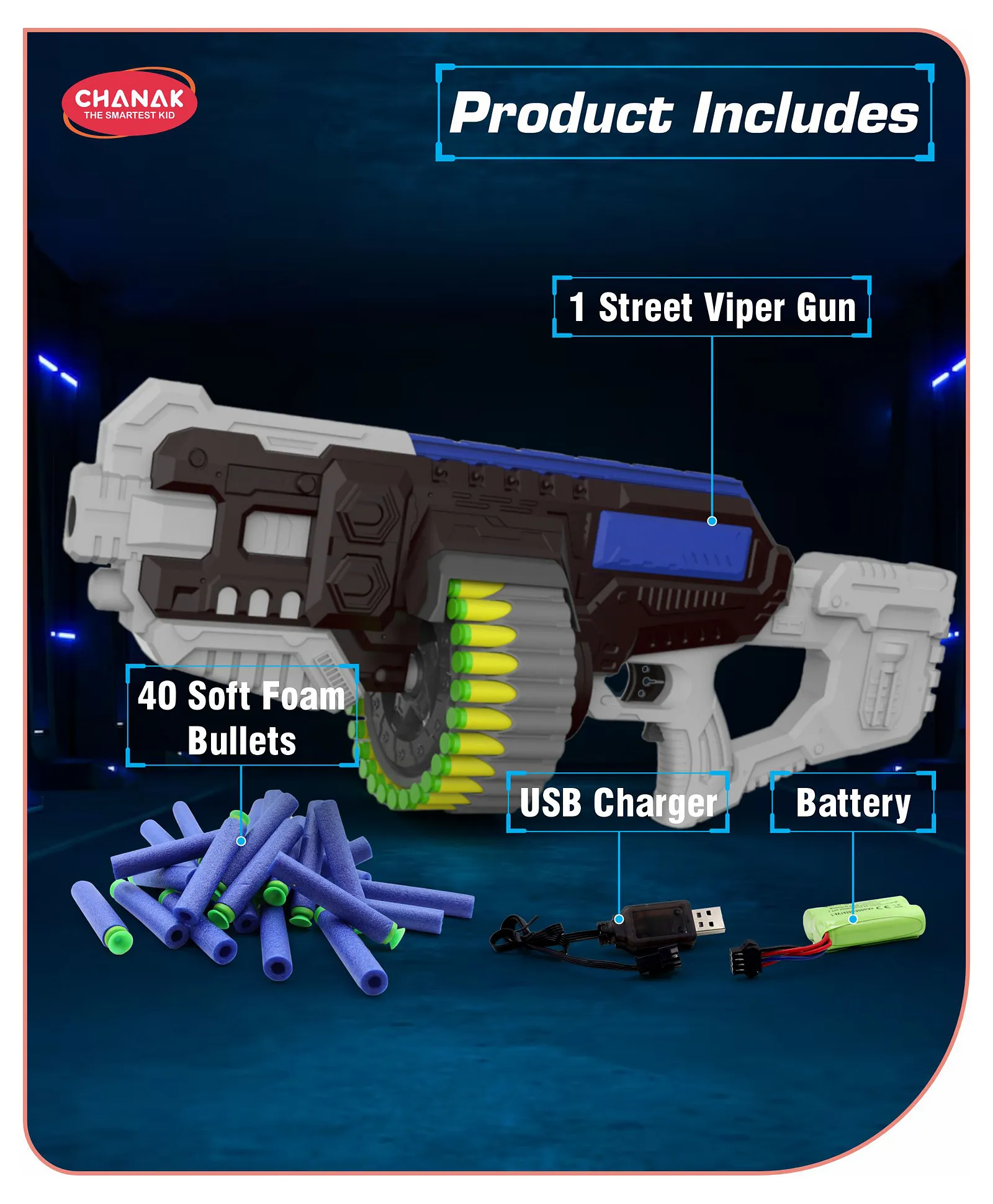Chanak Street Viper Big Blaster Motorized Dart Gun Toy Including 30 Soft Foam Bullet Darts, 60-Foot Firing Range, Rechargeable Electric Battery Design with High Capacity Magazine For Boys Girls, 8Y+, (Grey-Black) - Image 2