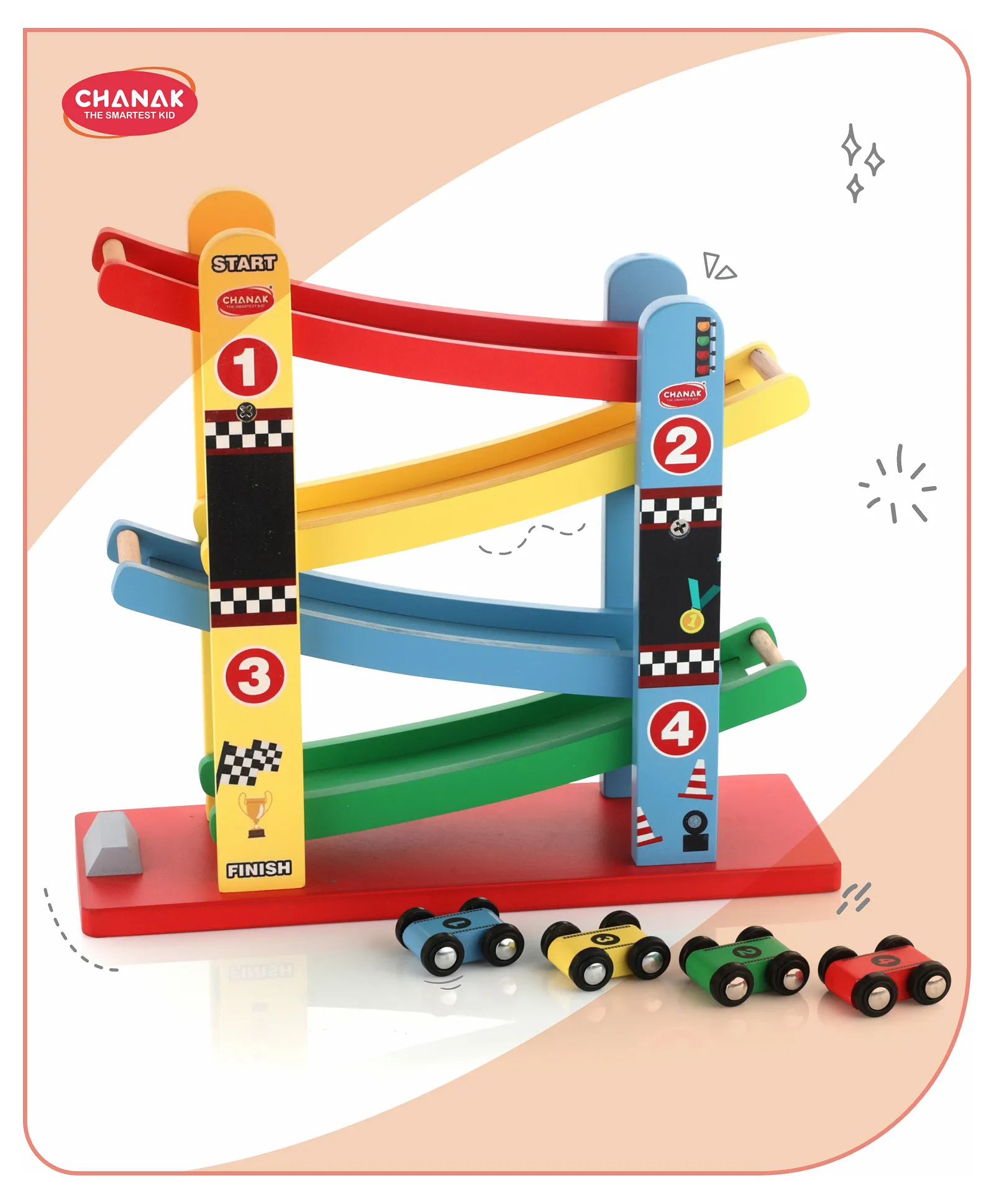 Chanak Wooden Ramp Racer Toy with 4 Mini Wooden Cars, 3Y+