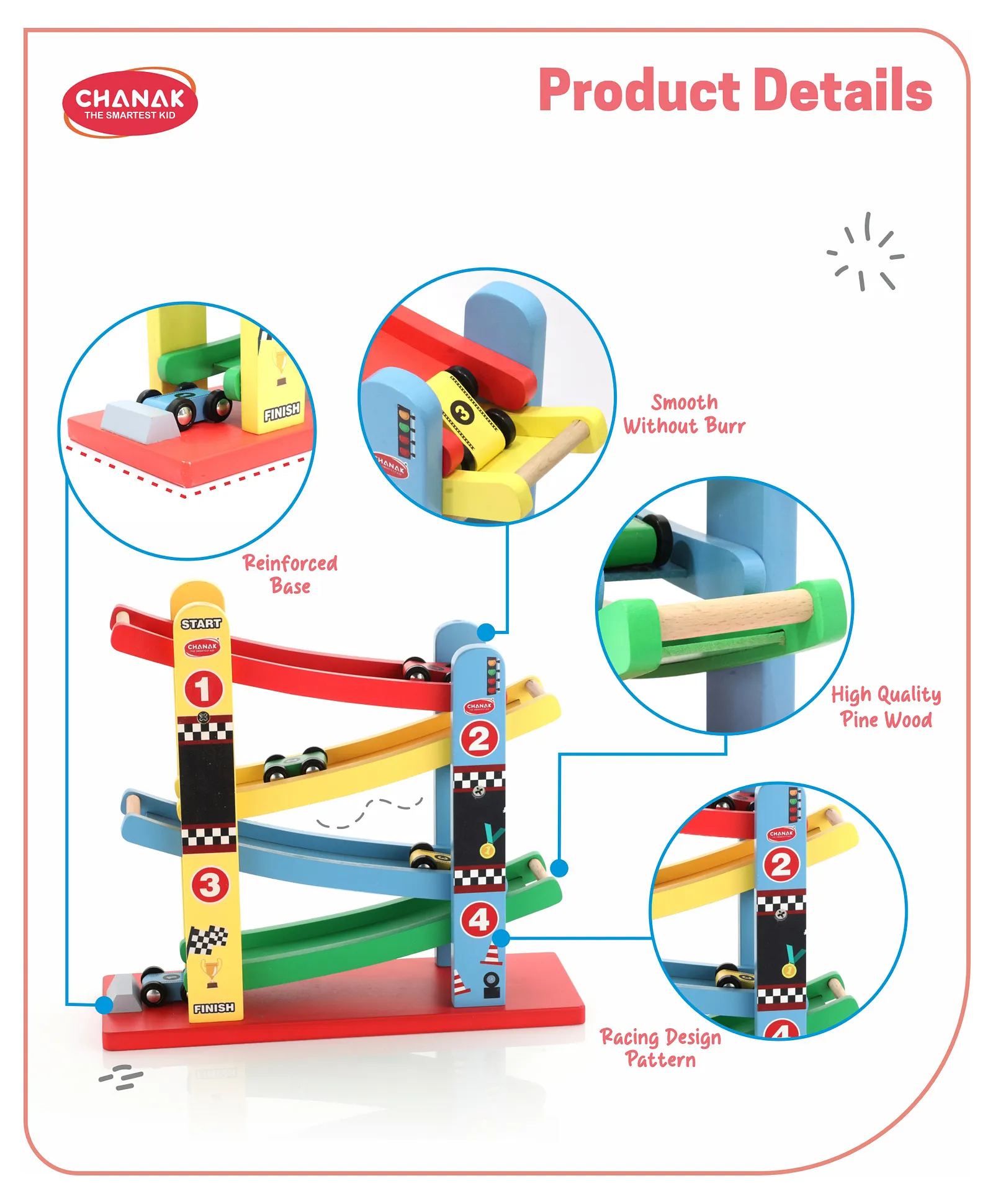 Chanak Wooden Ramp Racer Toy with 4 Mini Wooden Cars, 3Y+ - Image 4
