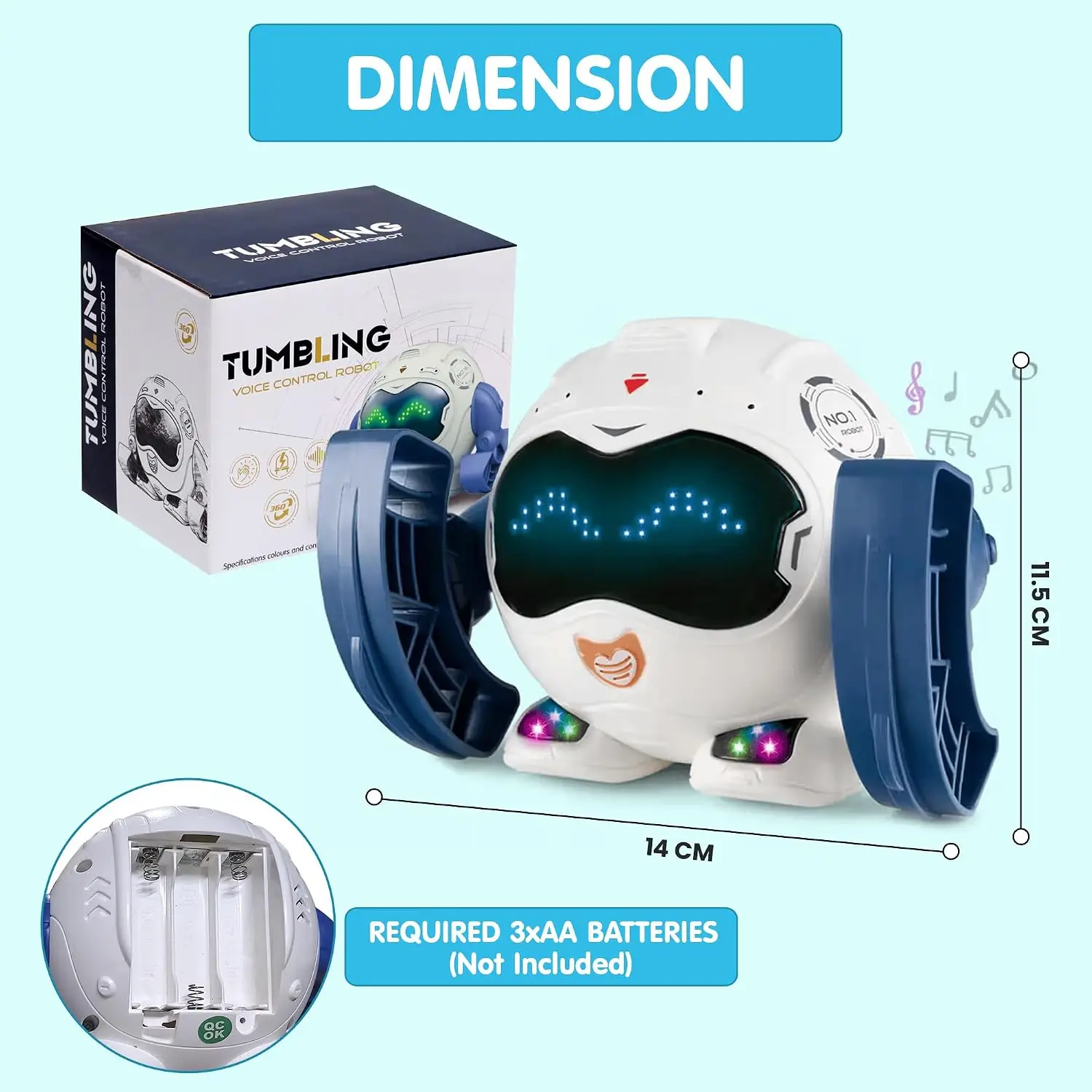 Alphabet Tumbling Rolling Robot Toy – Interactive Clap-to-Dance Feature – 360° Rotating, Crawling, and Spinning Actions – Battery Operated with LED Lights and Musical Sound, 3Y+ - Image 2