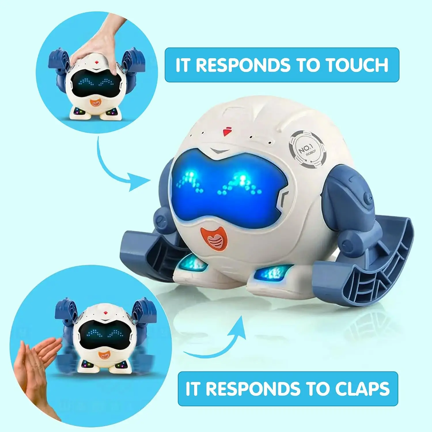Alphabet Tumbling Rolling Robot Toy – Interactive Clap-to-Dance Feature – 360° Rotating, Crawling, and Spinning Actions – Battery Operated with LED Lights and Musical Sound, 3Y+ - Image 3