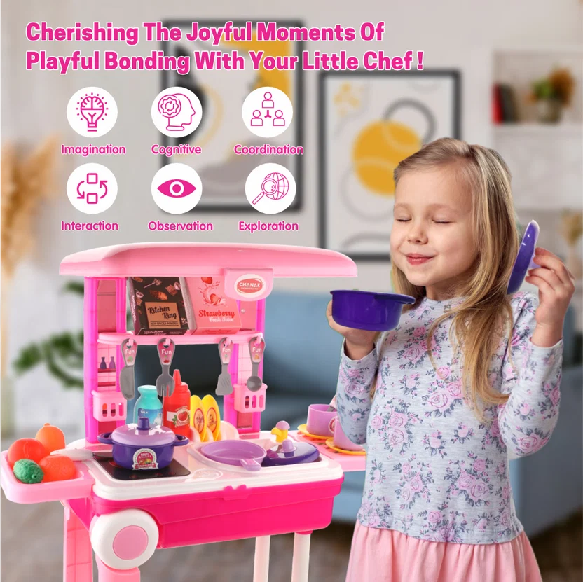 Chanak Kitchen Playset 24 Pcs Pretend Play Cooking Set with Trolley on Wheels | 3Y+ - Image 5