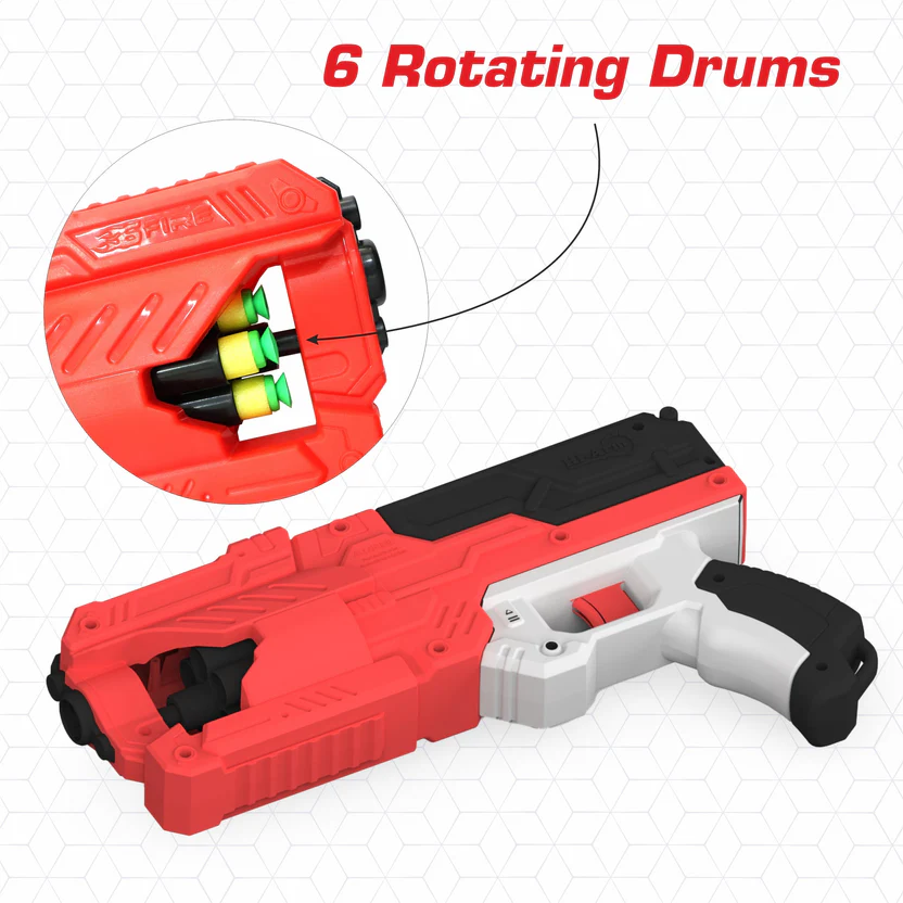 Chanak Six Fire Toy Blaster Gun | 6-Dart Rotating Drum, 45 Feet Range – BIS Approved (Red) | 8Y+ - Image 6