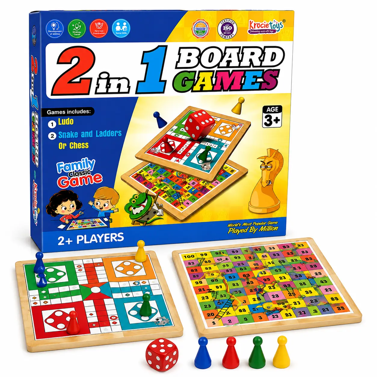 Krocie Toys 2 in 1 Board Games, Ludo and Snake & Ladder Multicolor,