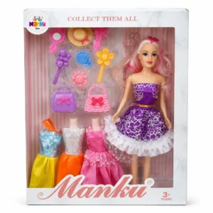 Manku Fashion Doll Dress-Up Play Set for Girls | Doll with 3 Extra Dresses, Handbags & Beauty Accessories | 3+ Years