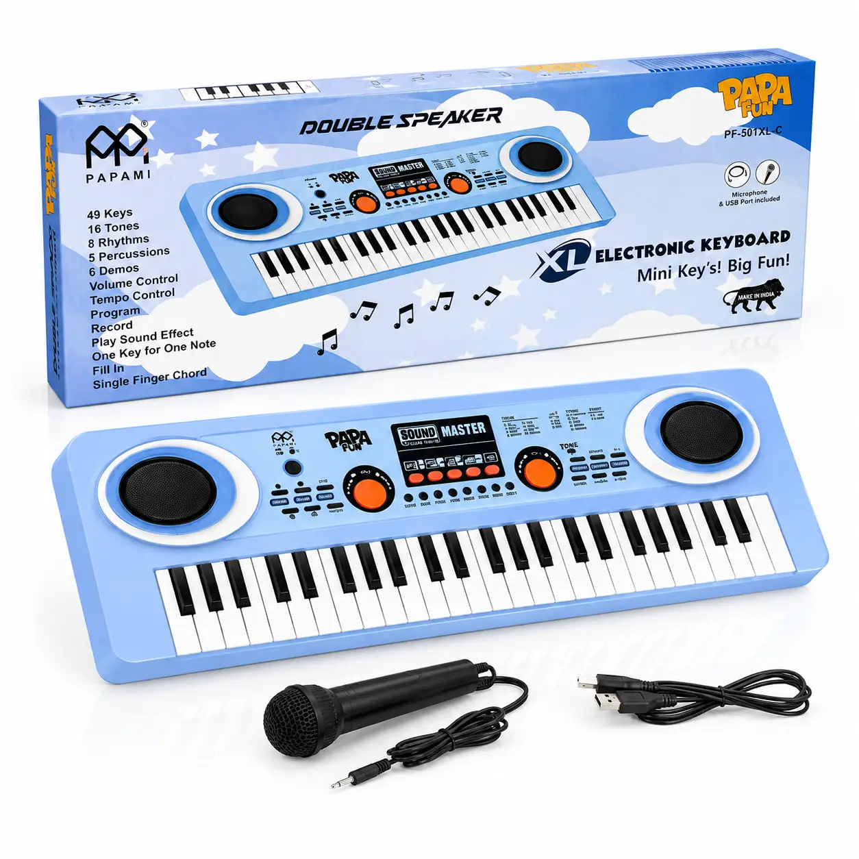 PAPAMI Papa Fun 49 Keys Double Speaker Electronic Keyboard Piano XL with Microphone & USB (Assorted Colours), 3Y+