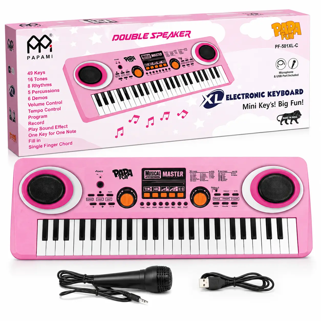 PAPAMI Papa Fun 49 Keys Double Speaker Electronic Keyboard Piano XL with Microphone & USB (Assorted Colours), 3Y+ - Image 4