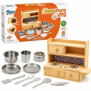 Sunny Classic Pure Veg Kitchen Set  Wooden Kitchen Toy Set with Stainless Steel Utensils, 3Y+