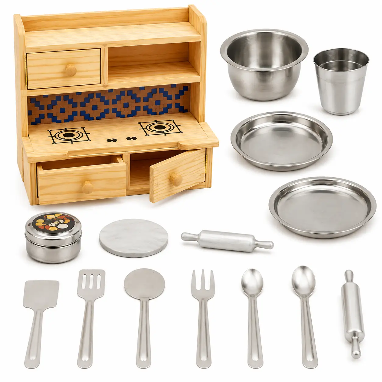 Sunny Classic Pure Veg Kitchen Set Wooden Kitchen Toy Set with Stainless Steel Utensils, 3Y+ - Image 2