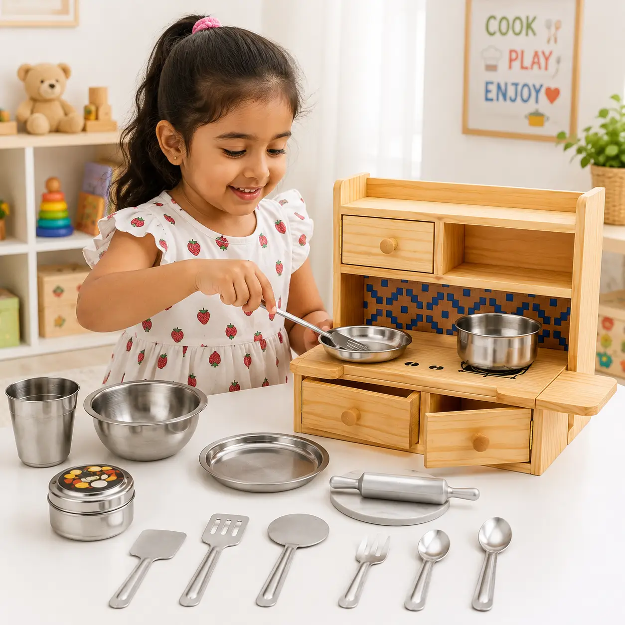 Sunny Classic Pure Veg Kitchen Set Wooden Kitchen Toy Set with Stainless Steel Utensils, 3Y+ - Image 3