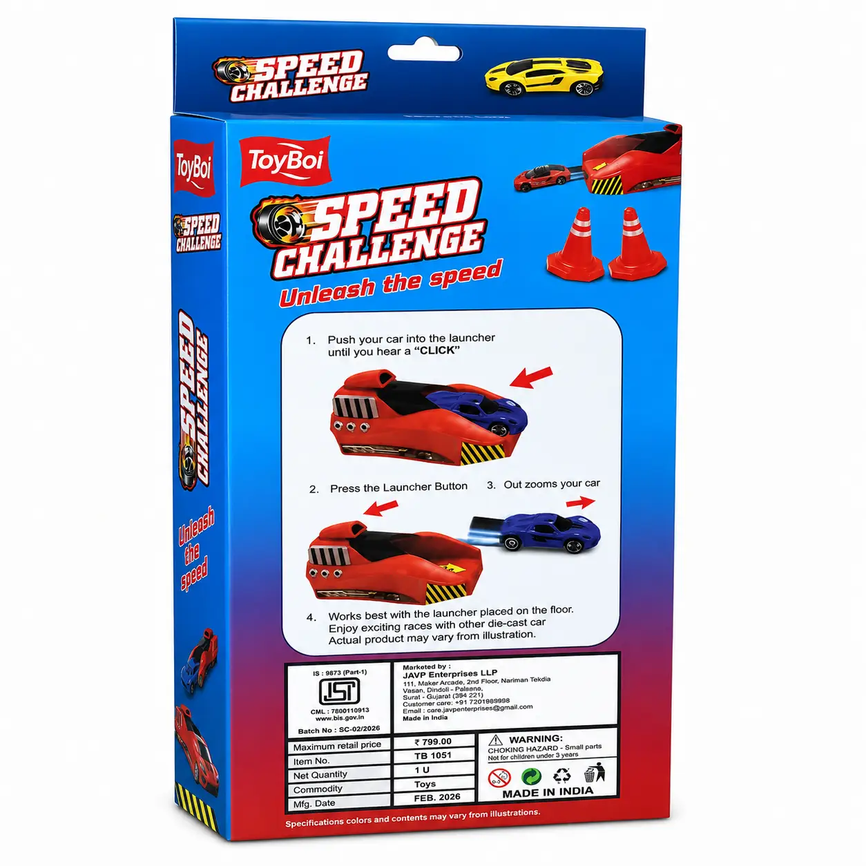 ToyBoi Speed Challenge Racing Car Set with Mega Launcher, 3 Die-Cast Metal Cars and Traffic Cones, 3Y+ - Image 2