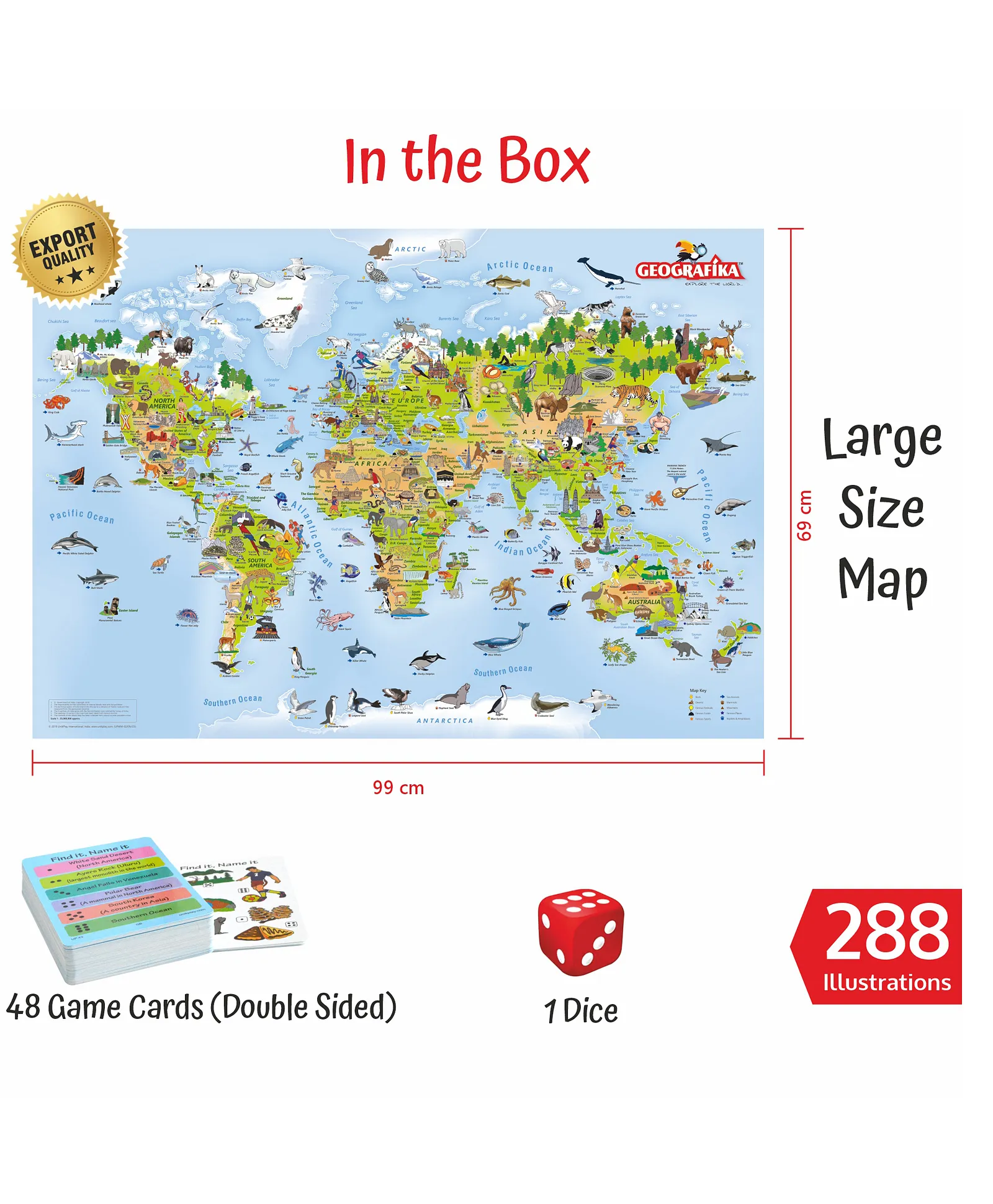 Unik Play Geografika Illustrated World Map Game & 48 Cards | Educational Geography Board Game, 6Y+ - Image 3
