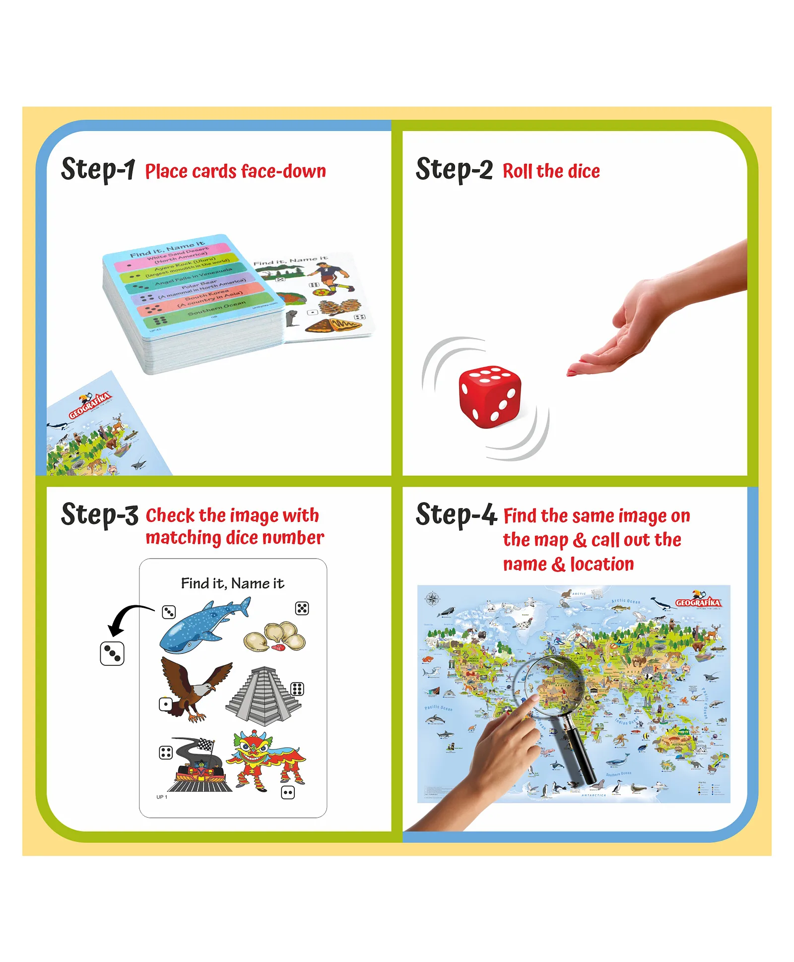 Unik Play Geografika Illustrated World Map Game & 48 Cards | Educational Geography Board Game, 6Y+ - Image 5