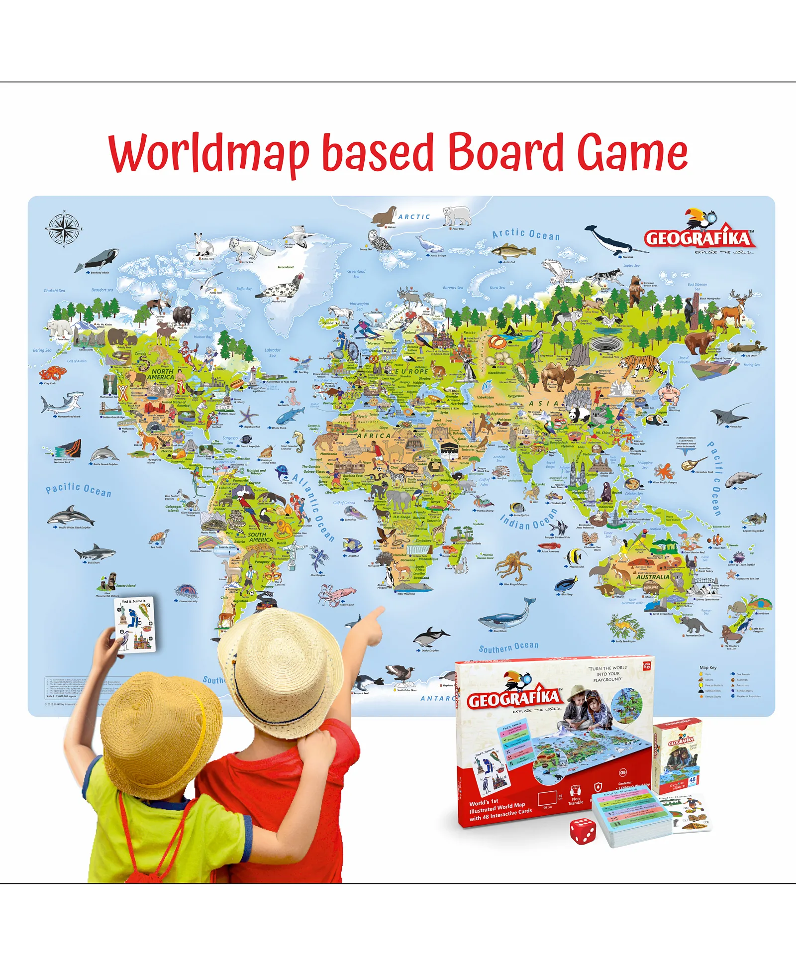 Unik Play Geografika Illustrated World Map Game & 48 Cards | Educational Geography Board Game, 6Y+ - Image 2