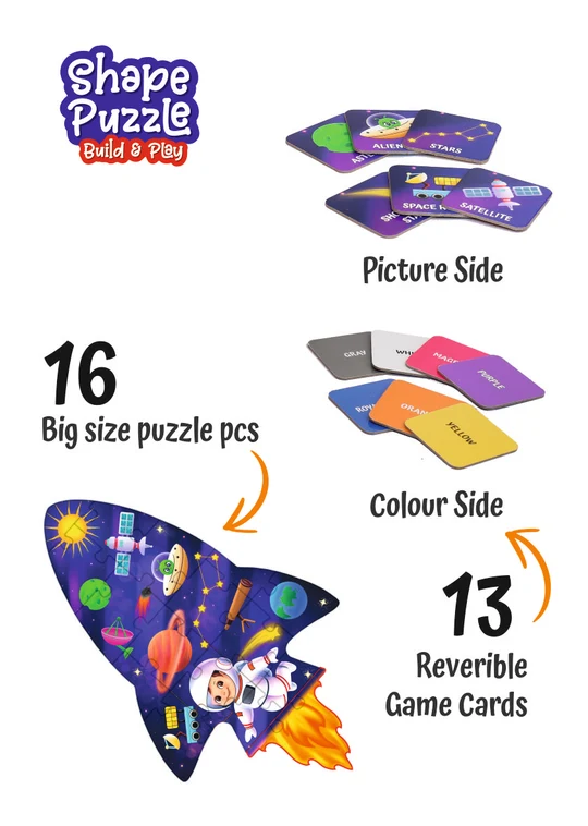 UnikPlay Shape Jigsaw Puzzle | Space Theme | 16 Large Pieces & 13 Double-Sided Game Cards | Montessori Educational Toy for Toddlers & Kids, 3Y+ - Image 2