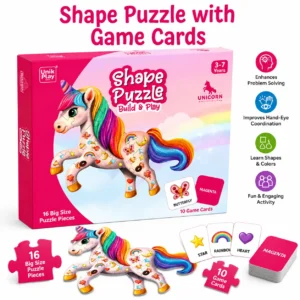 UnikPlay Shape Jigsaw Puzzle | Unicorn Theme | 16 Large Pieces & 10 Double-Sided Game Cards | Montessori Educational Toy for Toddlers & Kids, 3Y+
