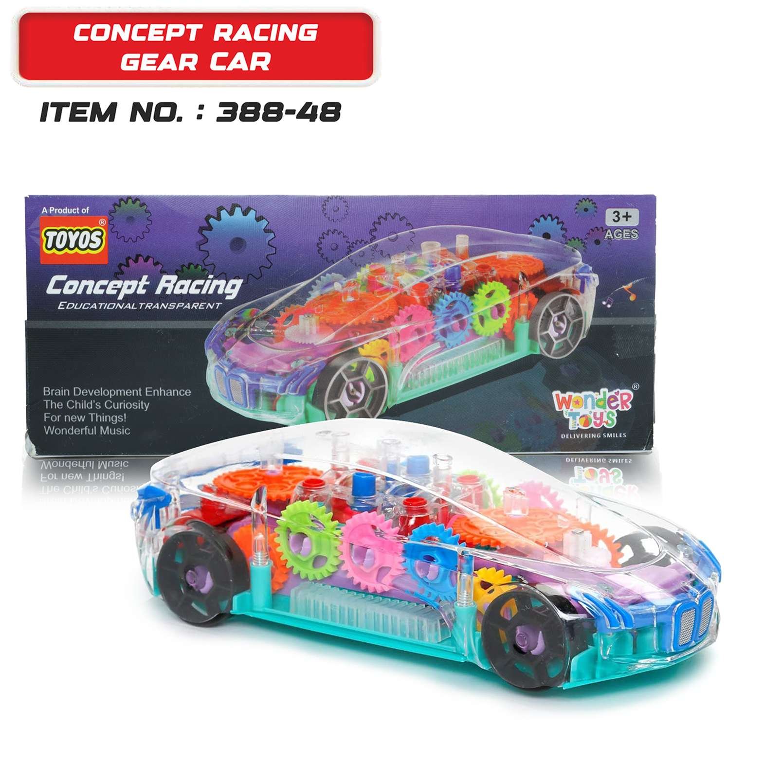 Wonder Toys Concept Racing Gear Car - Transparent Bump & Go with 360° Lights Music (Multicolor), 3+ Years