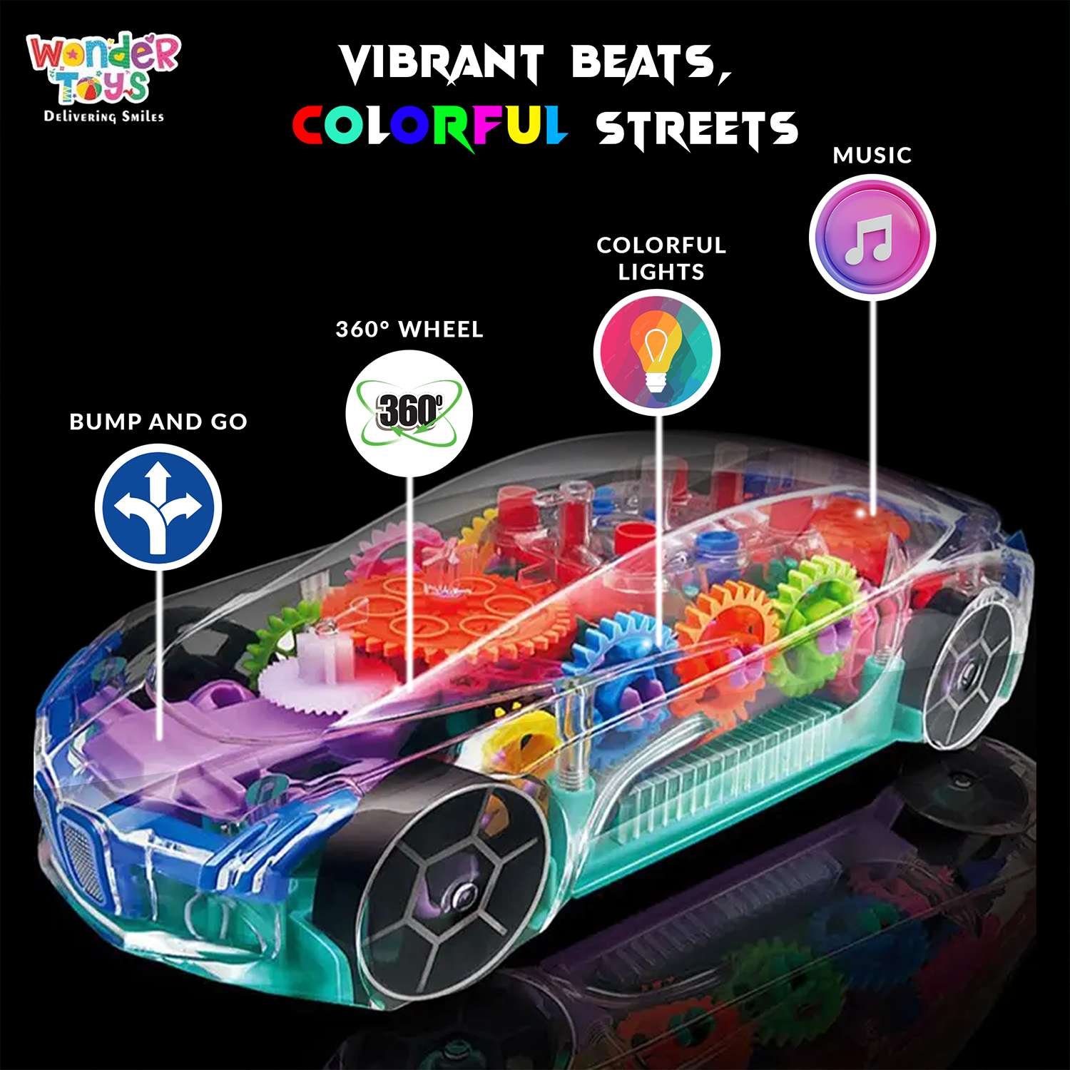 Wonder Toys Concept Racing Gear Car - Transparent Bump & Go with 360° Lights Music (Multicolor), 3+ Years - Image 2