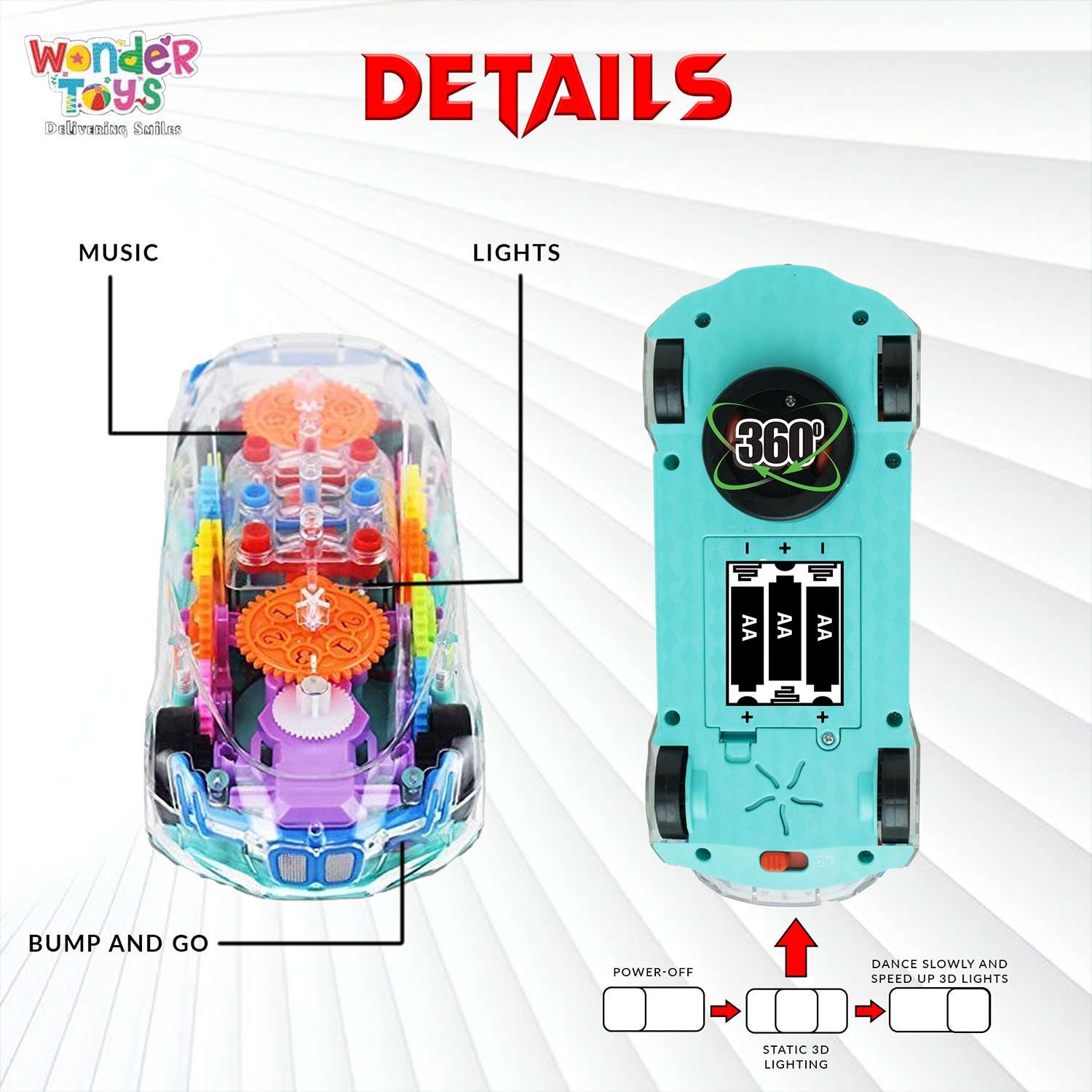 Wonder Toys Concept Racing Gear Car - Transparent Bump & Go with 360° Lights Music (Multicolor), 3+ Years - Image 4